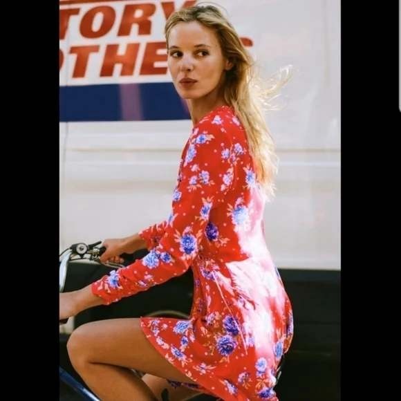 Zara Dresses & Skirts - Zara Floral Mini Dress Wrap Long Sleeve Red Blue Polka‎ Dot M